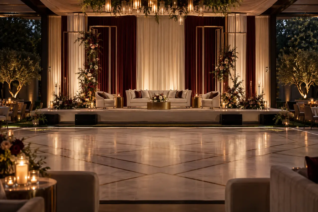 Reception stage with ivory and burgundy draping