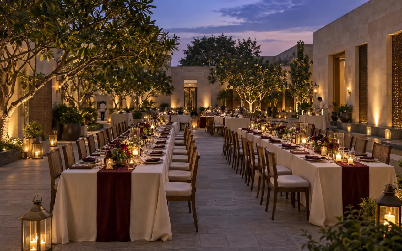 Courtyard tables set for an evening celebration, with warm lighting and burgundy details